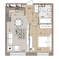 Планировка однокомнатной(квартира) площадью 42.5 квадратных метров в “ЖК Гранд Комфорт”