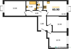 Планировка трехкомнатной(квартира) площадью 60.9 квадратных метров в “ЖК Лучи-2”
