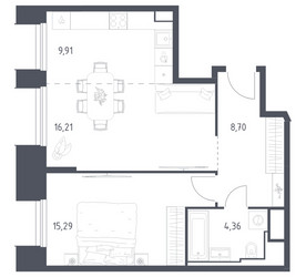 Планировка однокомнатной(апартаменты) площадью 54.47 квадратных метров в ЖК “ЖК Скай Спутник”