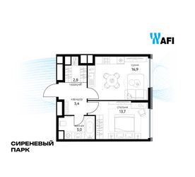 Планировка однокомнатной(квартира) площадью 43.3 квадратных метров в ЖК “ЖК Сиреневый парк”
