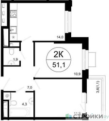 Планировка двухкомнатной(квартира) площадью 51.1 квадратных метров в ЖК “ЖК Одинцовские кварталы”