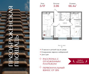 Планировка двухкомнатной(квартира) площадью 66.4 квадратных метров в ЖК “ЖК Преображенская Площадь”