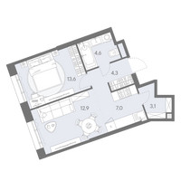 Планировка двухкомнатной(квартира) площадью 45.5 квадратных метров в “ЖК Родина Переделкино”