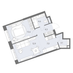 Планировка двухкомнатной(квартира) площадью 45.5 квадратных метров в ЖК “ЖК Родина Переделкино”