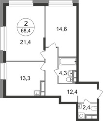 Планировка двухкомнатной(квартира) площадью 68.4 квадратных метров в ЖК “ЖК Первый Московский”