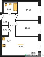 Планировка двухкомнатной(квартира) площадью 52.28 квадратных метров в “ЖК Новое Видное”
