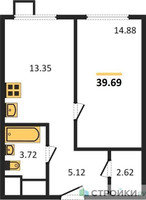 Планировка однокомнатной(квартира) площадью 39.69 квадратных метров в “ЖК Апарт-отель Тропарево парк”