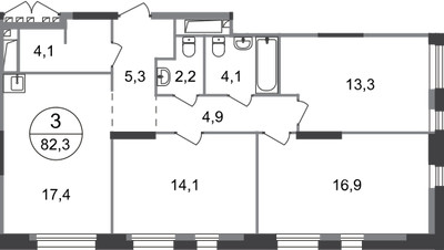 Планировка трехкомнатной(квартира) площадью 82.3 квадратных метров в ЖК “ЖК Первый Московский”