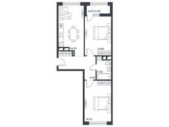 Планировка двухкомнатной(квартира) площадью 61.2 квадратных метров в ЖК “ЖК Level Лесной”
