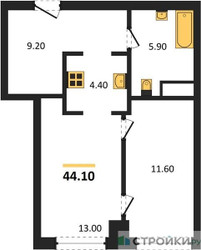 Планировка однокомнатной(квартира) площадью 44.1 квадратных метров в ЖК “ЖК Very (Вери)”