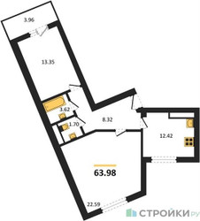 Планировка двухкомнатной(квартира) площадью 63.98 квадратных метров в “ЖК Домодедово Парк”