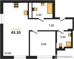 Планировка однокомнатной(квартира) площадью 43.1 квадратных метров в “ЖК Сиреневый парк”