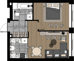 Планировка однокомнатной(квартира) площадью 37.9 квадратных метров в ЖК “ЖК Квартал Серебряный бор”
