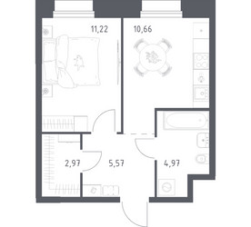 Планировка однокомнатной(апартаменты) площадью 35.39 квадратных метров в ЖК “ЖК Апарт-отель Тропарево парк”