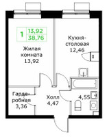 Планировка однокомнатной(квартира) площадью 38.76 квадратных метров в “ЖК КИТ 2”