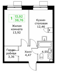 Планировка однокомнатной(квартира) площадью 38.76 квадратных метров в ЖК “ЖК КИТ 2”