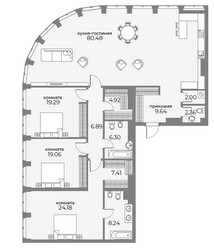 Планировка 4+ комнатной(апартаменты) площадью 195 квадратных метров в ЖК “ЖК Sky View (Скай Вью)”