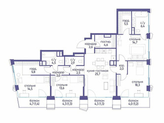 Планировка 4+ комнатной(квартира) площадью 132.12 квадратных метров в ЖК “ЖК Остров”