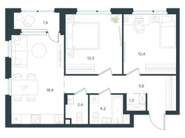 Планировка двухкомнатной(квартира) площадью 63.4 квадратных метров в “ЖК Level Лесной”