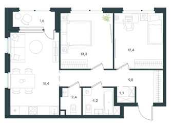 Планировка двухкомнатной(квартира) площадью 63.4 квадратных метров в ЖК “ЖК Level Лесной”