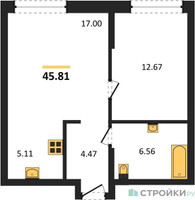 Планировка однокомнатной(квартира) площадью 45.81 квадратных метров в “ЖК EvoPark Сокольники”