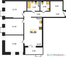 Планировка трехкомнатной(квартира) площадью 78.2 квадратных метров в “ЖК Деснаречье”