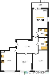 Планировка трехкомнатной(квартира) площадью 72.3 квадратных метров в ЖК “ЖК Деснаречье”