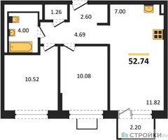 Планировка двухкомнатной(квартира) площадью 52.74 квадратных метров в “ЖК Богдановский Лес”