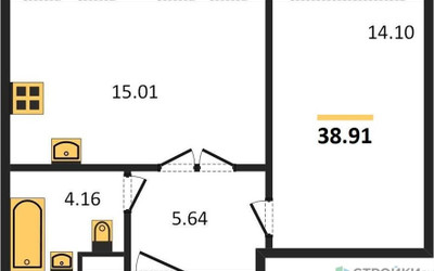 Планировка однокомнатной(апартаменты) площадью 38.91 квадратных метров в ЖК “ЖК Движение. Говорово”