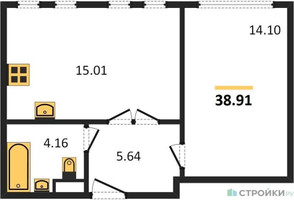 Планировка однокомнатной(апартаменты) площадью 38.91 квадратных метров в “ЖК Движение. Говорово”