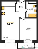 Планировка однокомнатной(квартира) площадью 36.02 квадратных метров в “ЖК Одинбург”