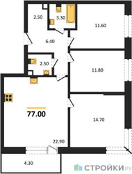 Планировка трехкомнатной(квартира) площадью 75.2 квадратных метров в ЖК “ЖК Одинцовские кварталы”