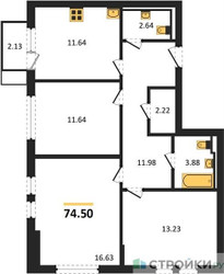 Планировка трехкомнатной(квартира) площадью 74.5 квадратных метров в ЖК “ЖК Остафьево”