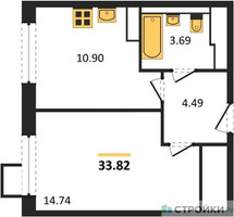 Планировка однокомнатной(квартира) площадью 33.82 квадратных метров в “ЖК Пригород Лесное”
