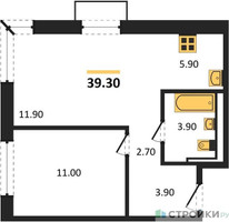 Планировка однокомнатной(квартира) площадью 39.3 квадратных метров в “ЖК Квартал Западный”