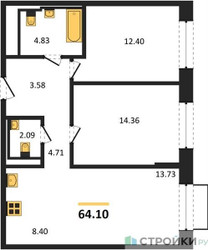 Планировка двухкомнатной(квартира) площадью 64.1 квадратных метров в ЖК “ЖК Квартал Герцена”