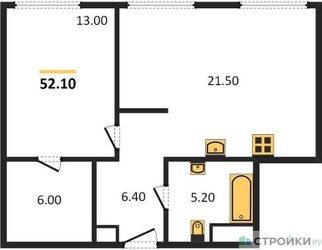 Планировка однокомнатной(квартира) площадью 52.3 квадратных метров в ЖК “ЖК Voxhall (Воксхолл)”