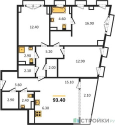 Планировка трехкомнатной(квартира) площадью 93.4 квадратных метров в ЖК “ЖК Sydney City (Сидней Сити)”