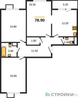 Планировка трехкомнатной(квартира) площадью 78.9 квадратных метров в “ЖК ЮЖНАЯ БИТЦА”