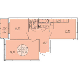 Планировка трехкомнатной(квартира) площадью 61.71 квадратных метров в ЖК “ЖК Шолохово”