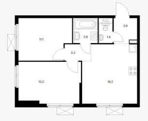 Планировка двухкомнатной(квартира) площадью 50 квадратных метров в ЖК “ЖК Юнино”
