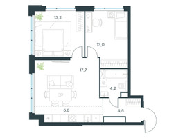 Планировка трехкомнатной(квартира) площадью 58.4 квадратных метров в “ЖК Левел Мичуринский”