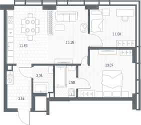 Планировка двухкомнатной(квартира) площадью 60.08 квадратных метров в ЖК “ЖК TATE (Тэйт)”