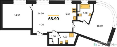 Планировка двухкомнатной(квартира) площадью 68.9 квадратных метров в ЖК “ЖК Родина Переделкино”
