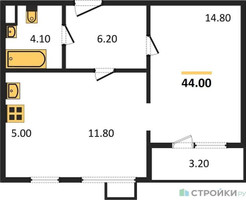 Планировка однокомнатной(квартира) площадью 44 квадратных метров в “ЖК ЮЖНАЯ БИТЦА”