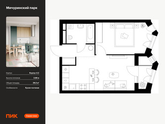 Планировка однокомнатной(квартира) площадью 39.3 квадратных метров в ЖК “ЖК Мичуринский Парк”