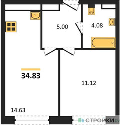 Планировка однокомнатной(апартаменты) площадью 34.83 квадратных метров в ЖК “ЖК Движение. Говорово”