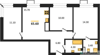 Планировка трехкомнатной(квартира) площадью 65.6 квадратных метров в ЖК “ЖК Foreville (Форевилль)”