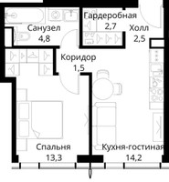 Планировка однокомнатной(квартира) площадью 39 квадратных метров в “ЖК Сити Бэй”