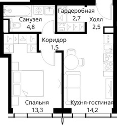 Планировка однокомнатной(квартира) площадью 39 квадратных метров в ЖК “ЖК Сити Бэй”